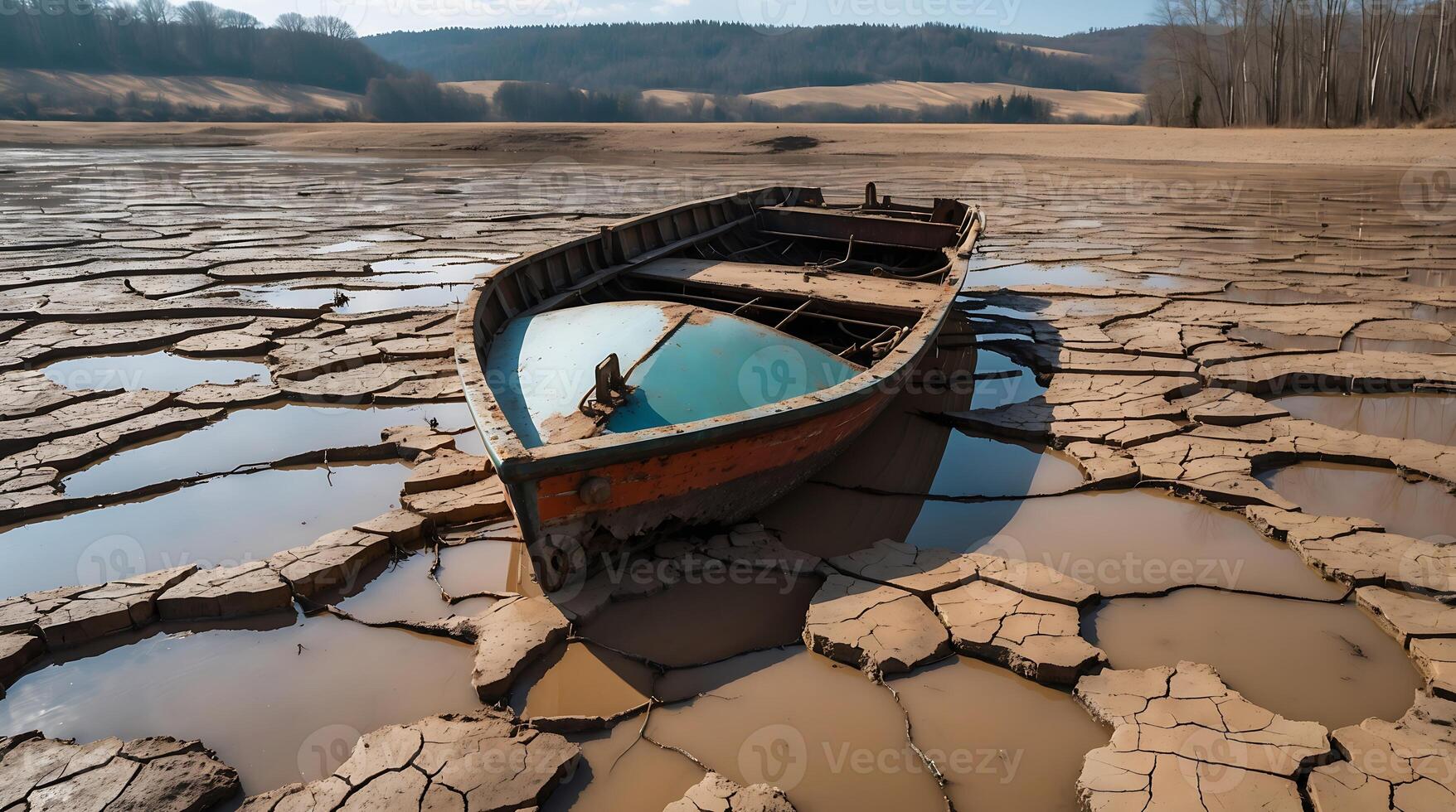 Dried-up reservoir showcasing cracked mud with abandoned boat in a desolate landscape photo