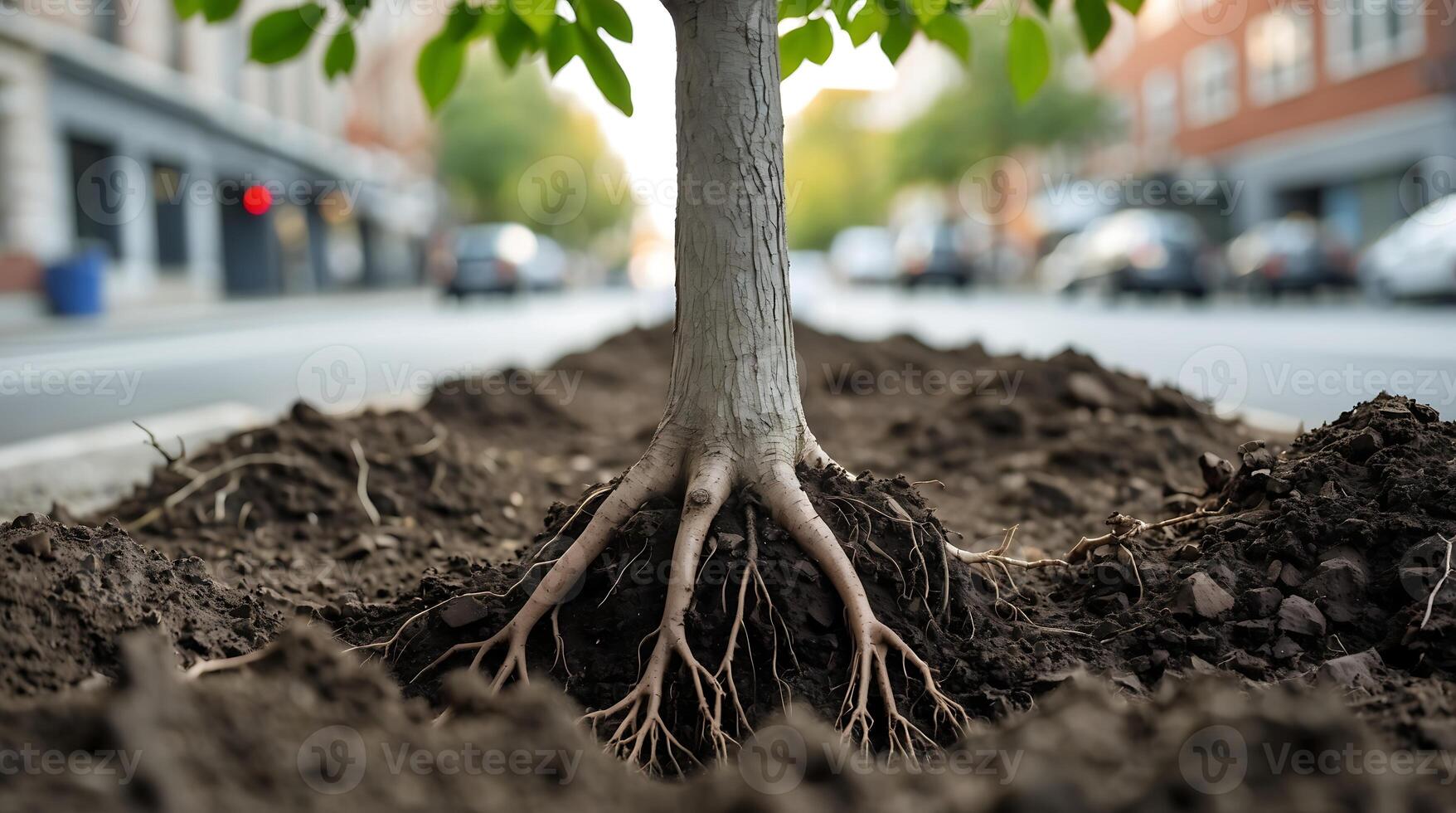 Urban tree roots illustrating resilience in climate change amid city streets photo