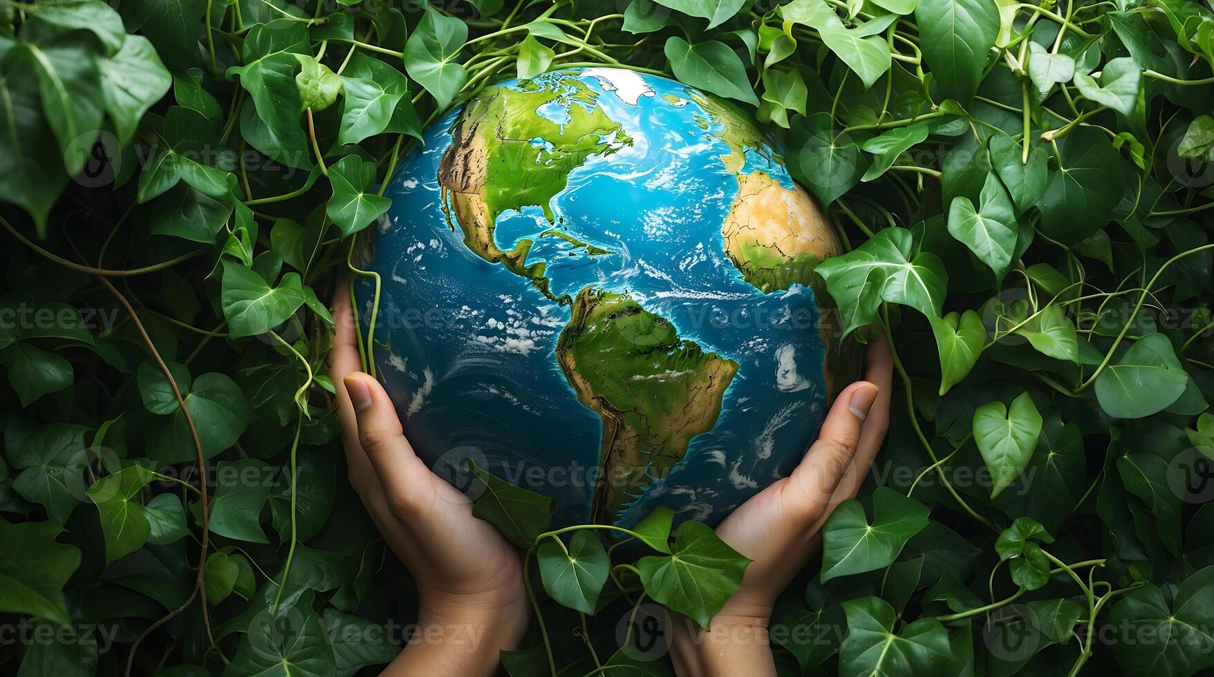 Hands holding a globe surrounded by lush green vines highlighting climate change awareness photo