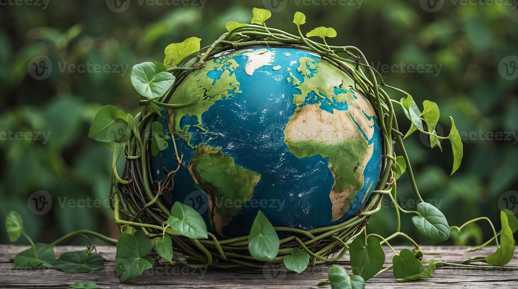 Globe surrounded by green vines emphasizing climate change awareness and nature protection photo