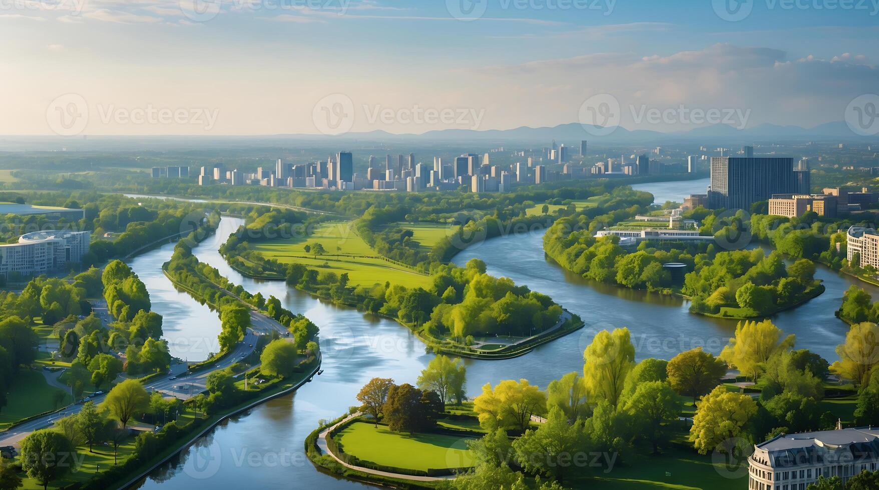 Aerial view of a green city surrounded by winding waterways and urban landscape photo