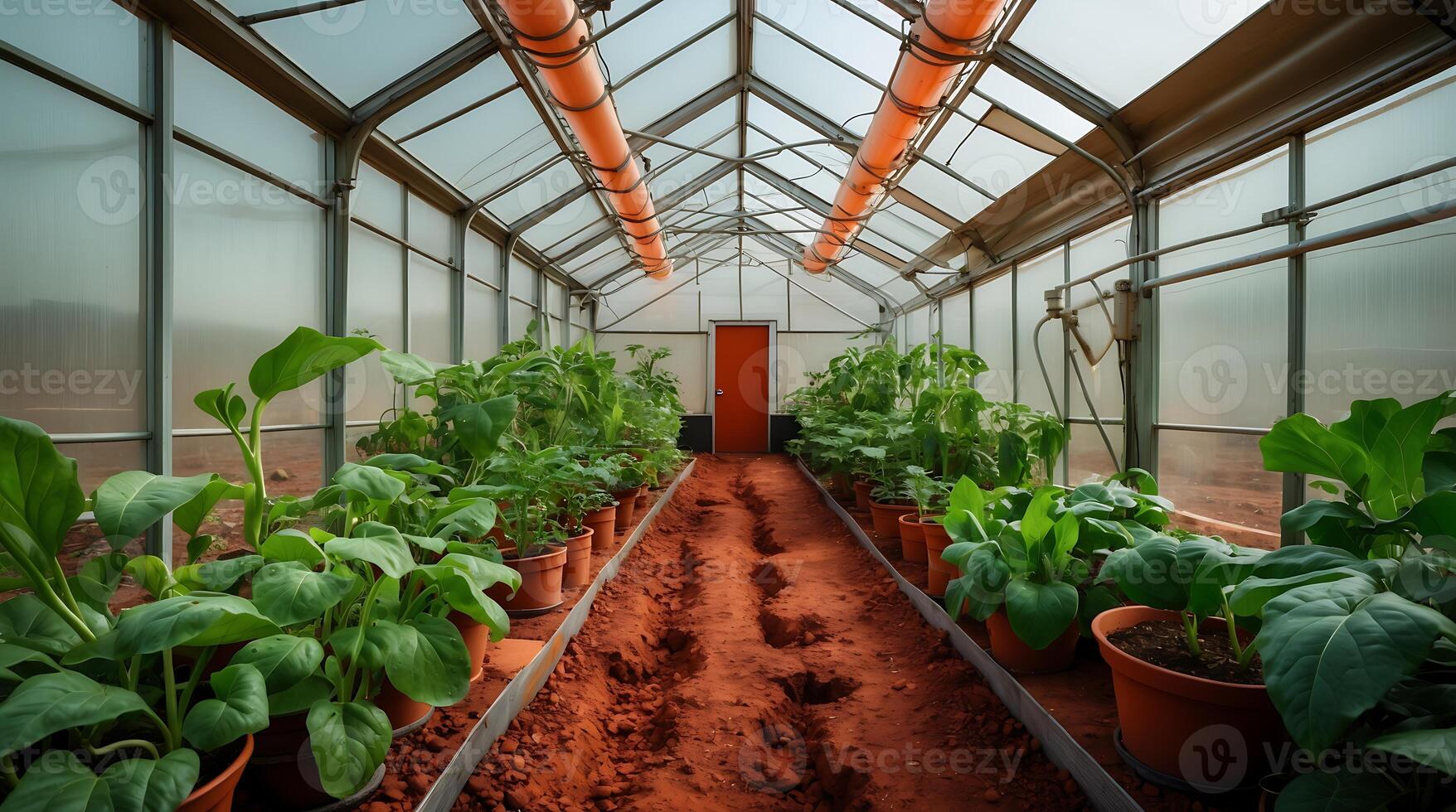 Martian greenhouse featuring red soil and various plants in a controlled setting photo