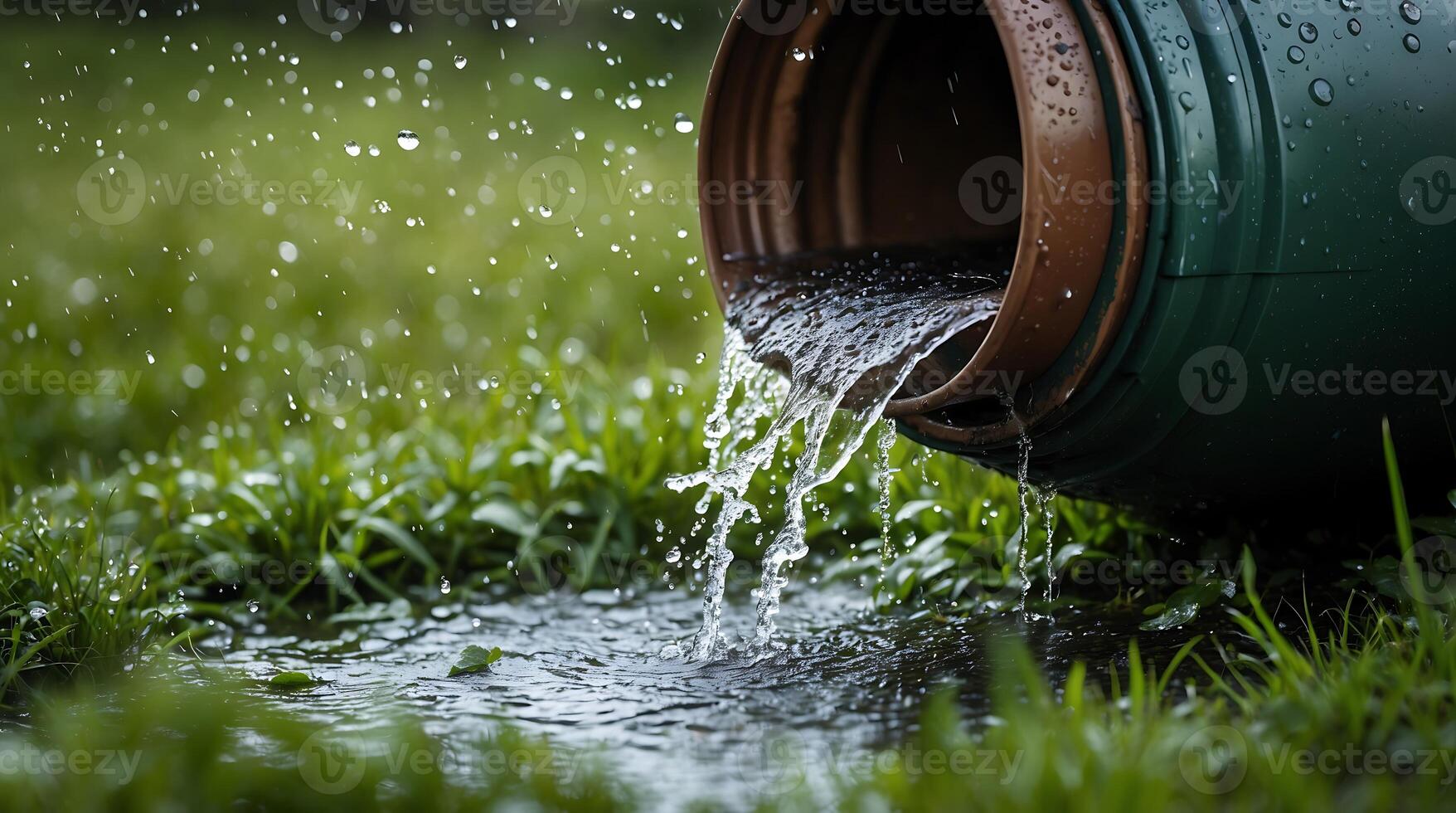 Rainwater barrel overflowing with droplets on lush green grass during a rainy day photo