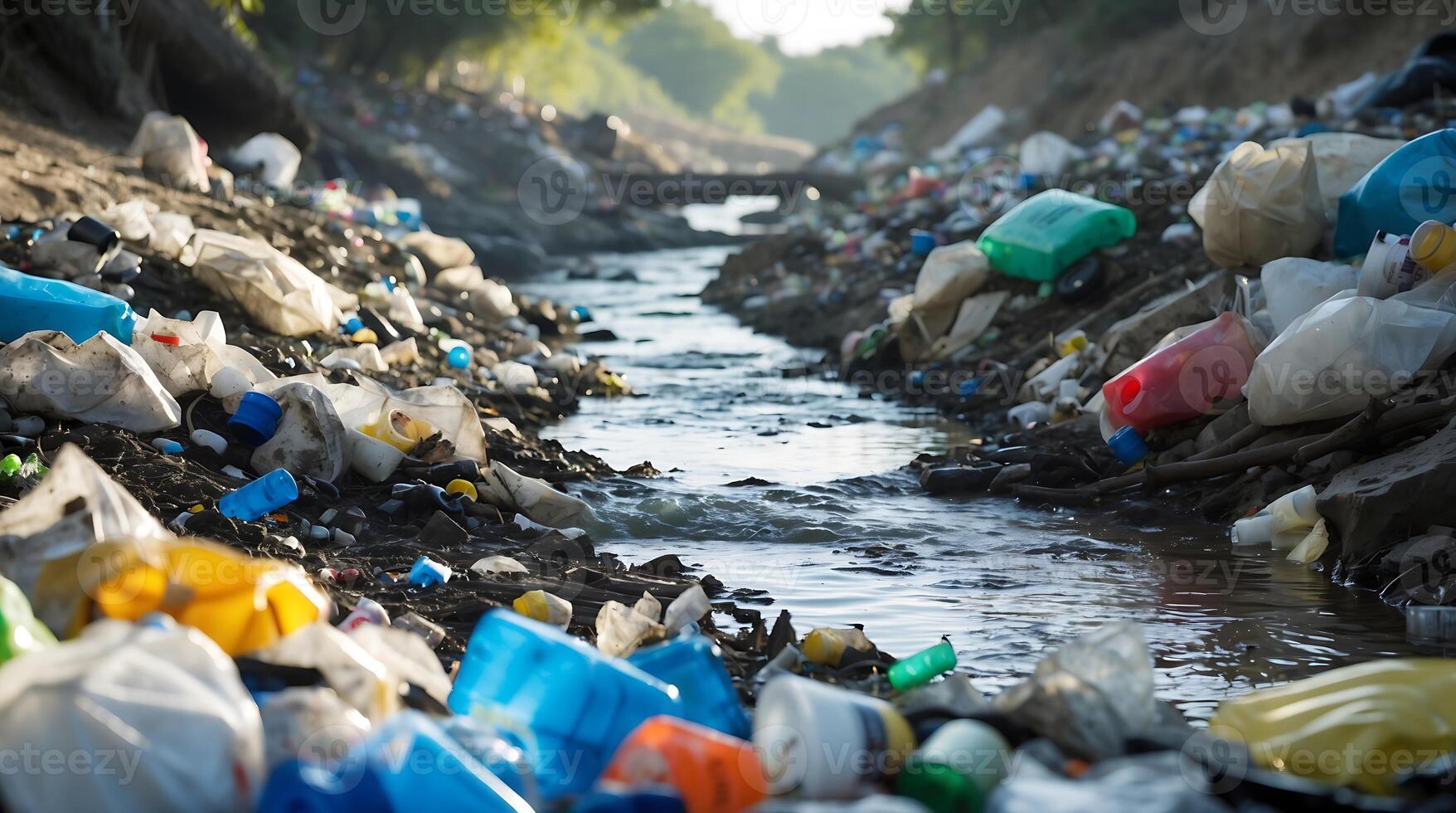 Riverbed littered with plastic waste highlights environmental concerns photo