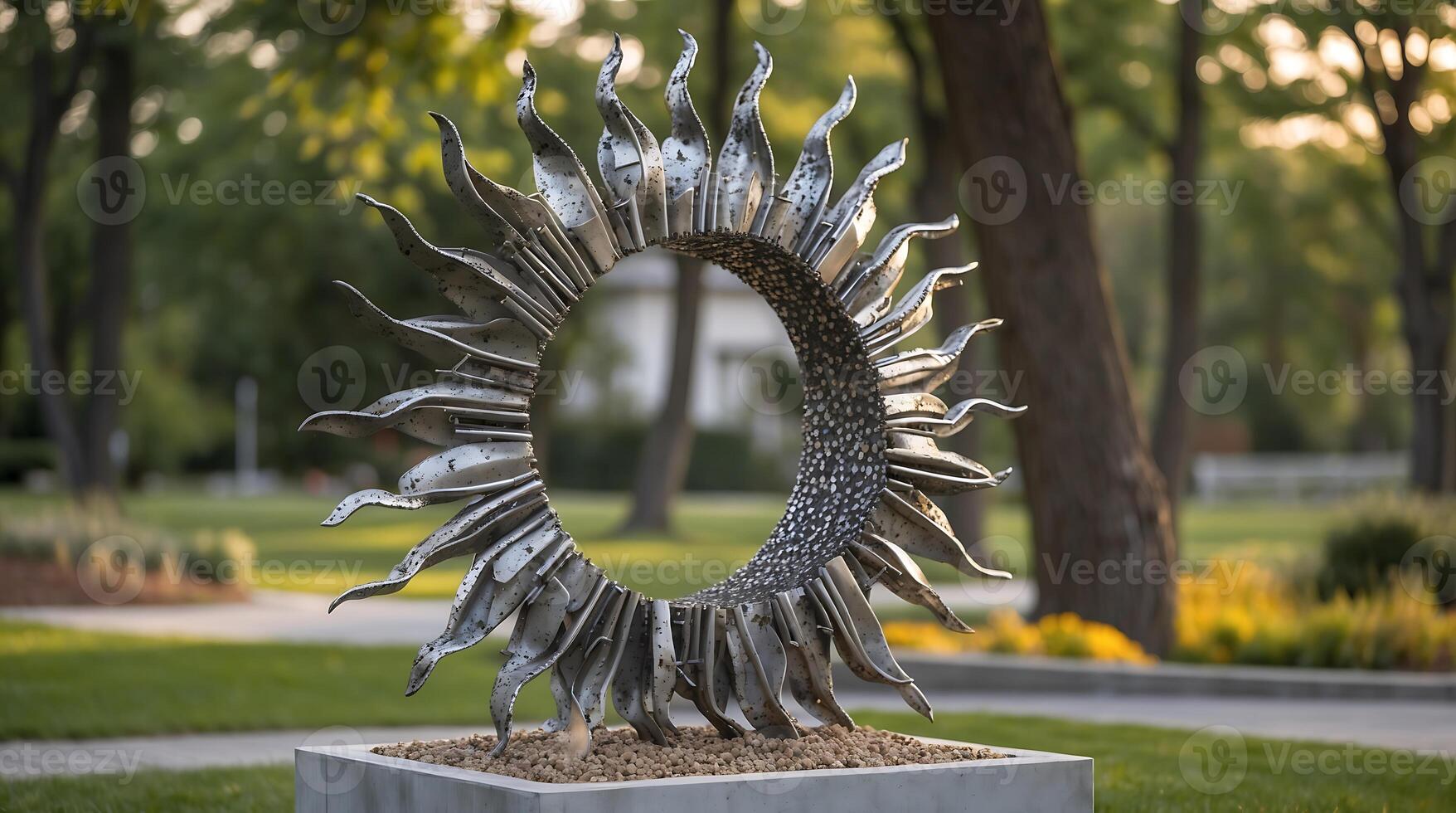Recycled metal sculpture showcasing unique design in a green park setting photo