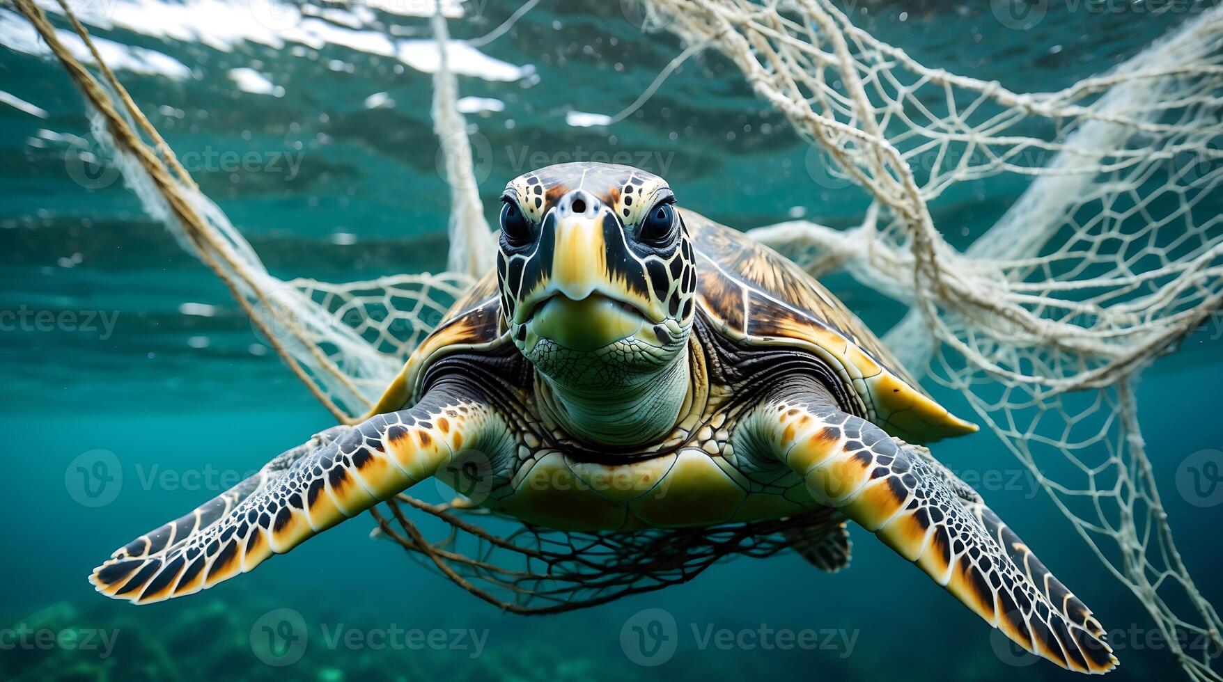 Sea turtle struggles against ghost net, highlighting climate change impact photo