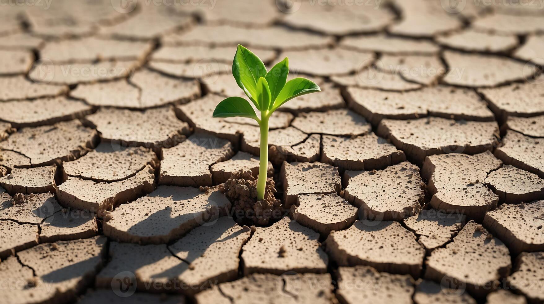 Green shoot emerges from cracked soil signifying resilience amid climate change challenges photo