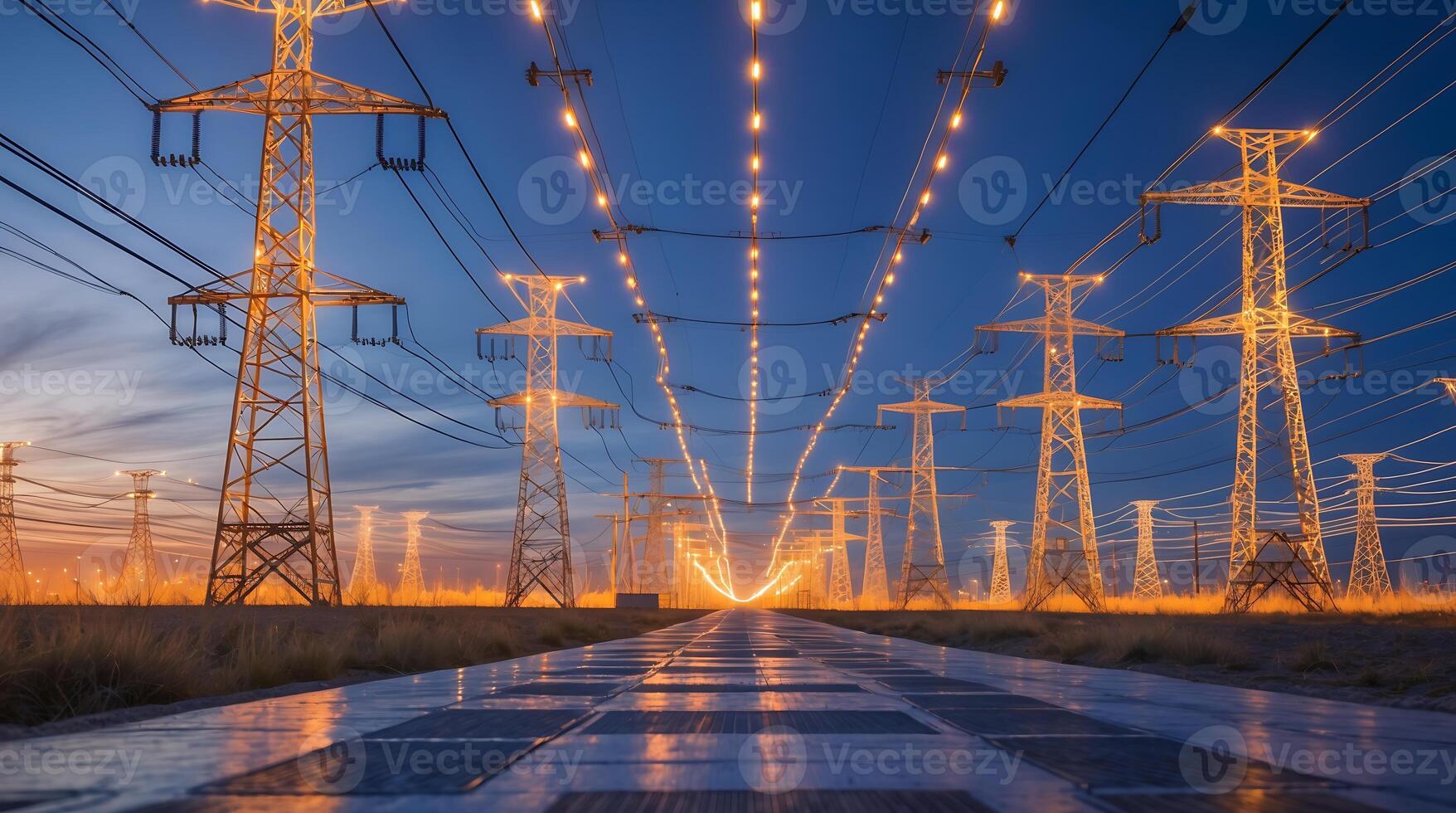 Glowing power lines illuminate smart grid infrastructure at sunset photo