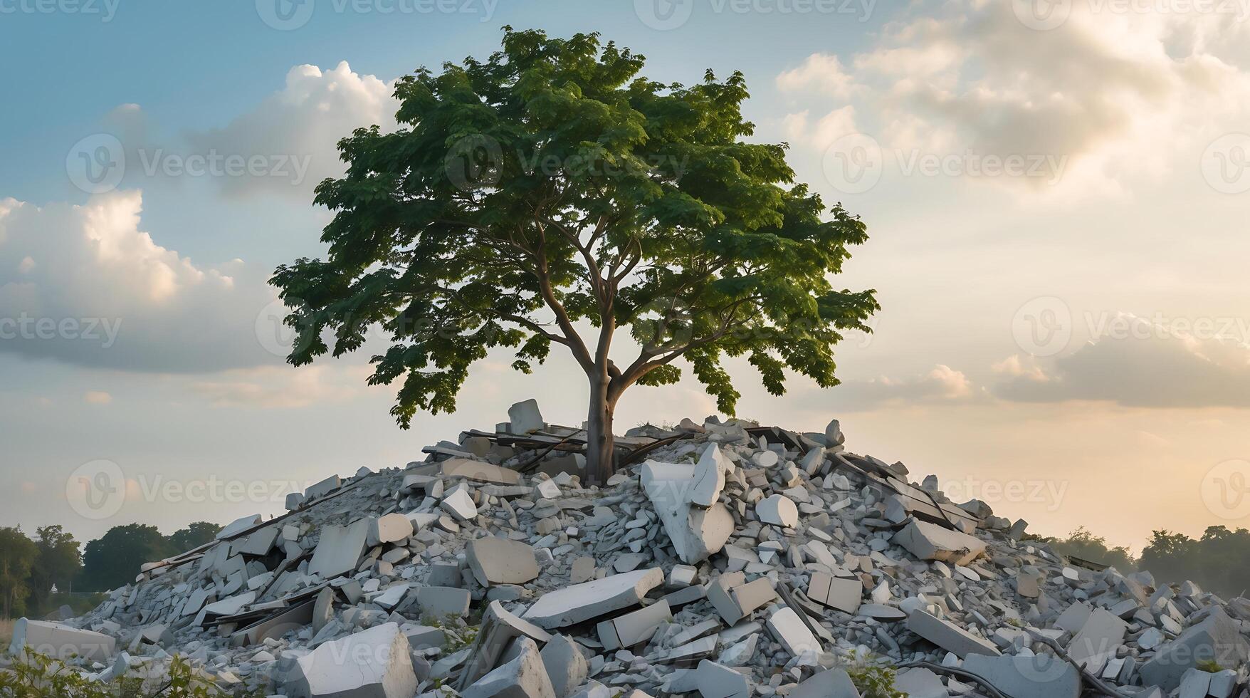 Tree emerges from rubble, symbolizing resilience amidst environmental challenges photo