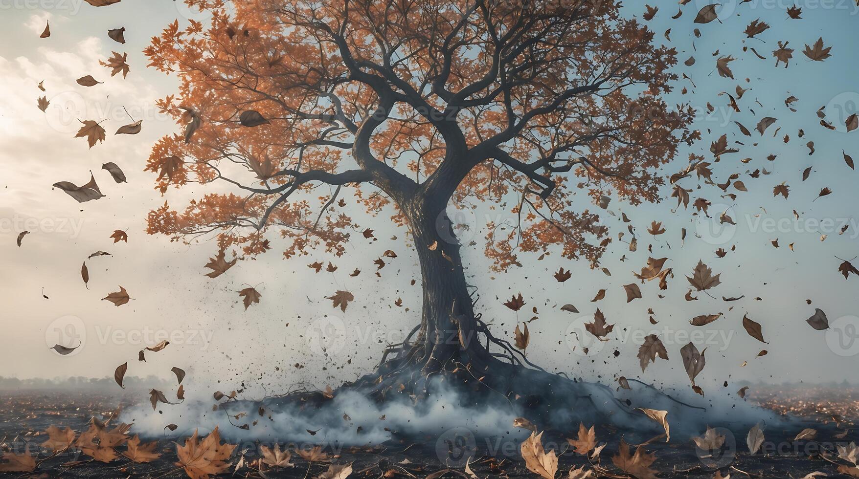 Tree with leaves transforming into ash in a barren landscape due to climate change effects photo
