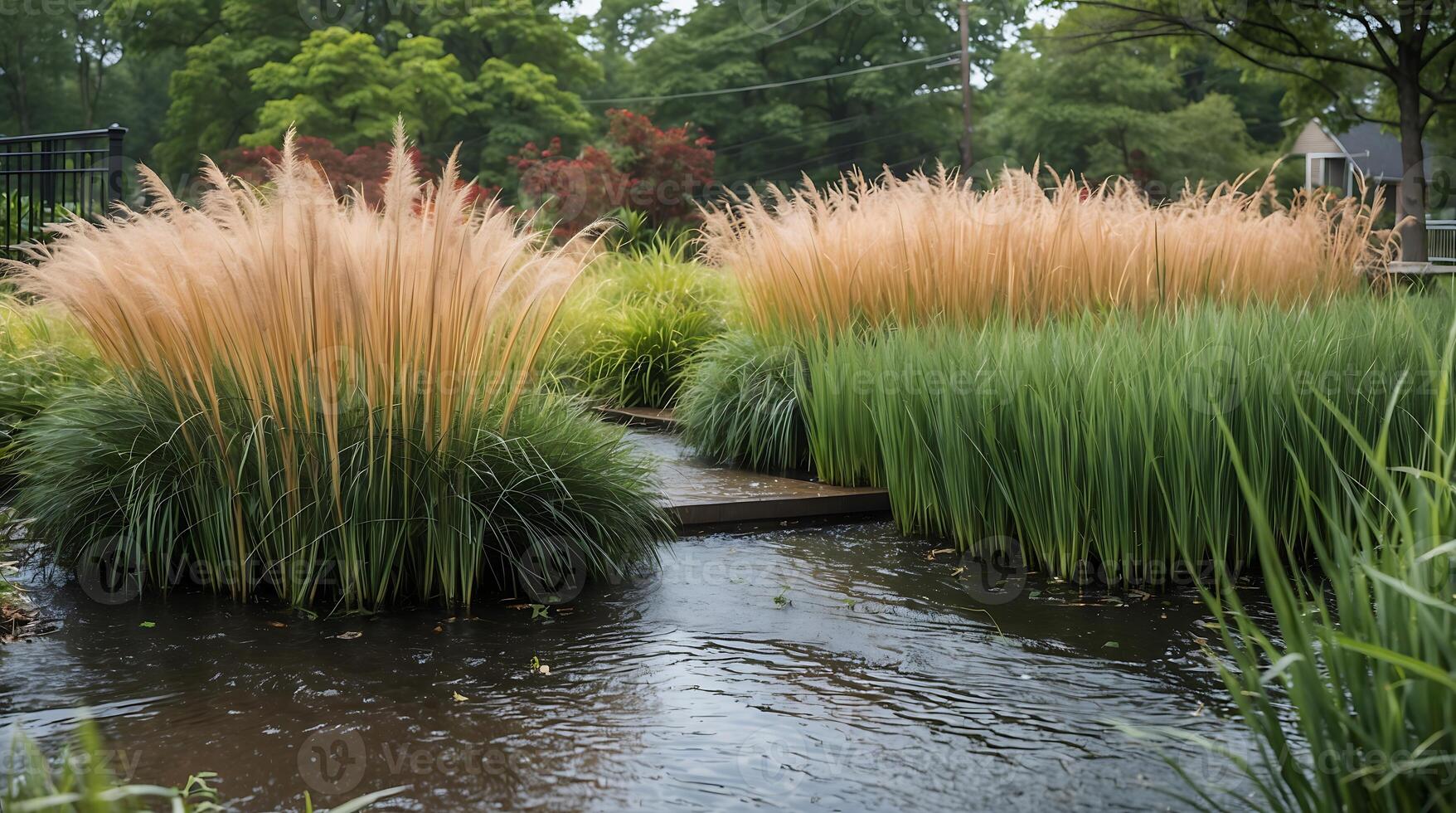Garden features rushes soaking in water, showcasing stormwater management practices photo