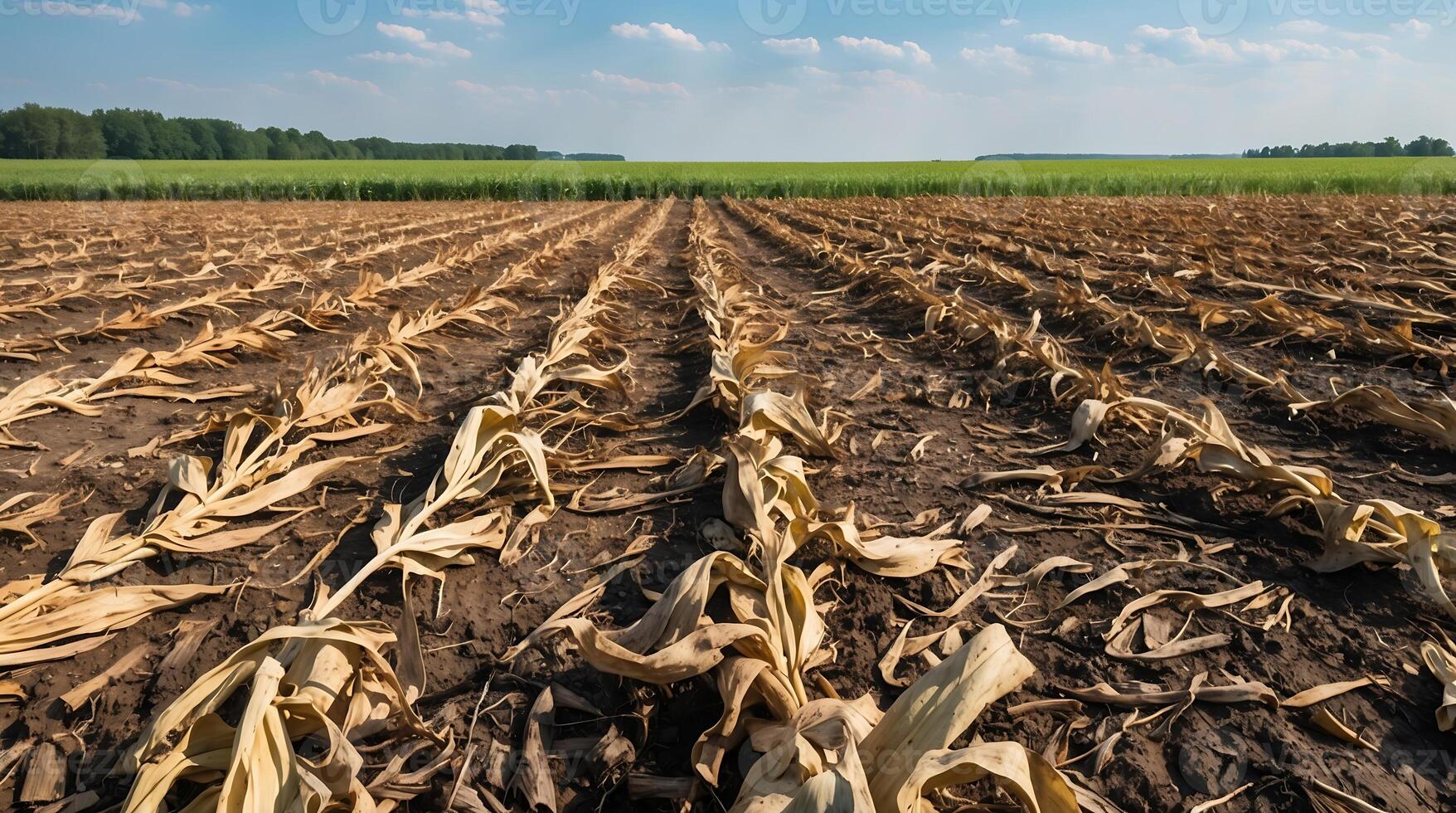 Heat-damaged crops in a summer field reflecting climate change impact photo