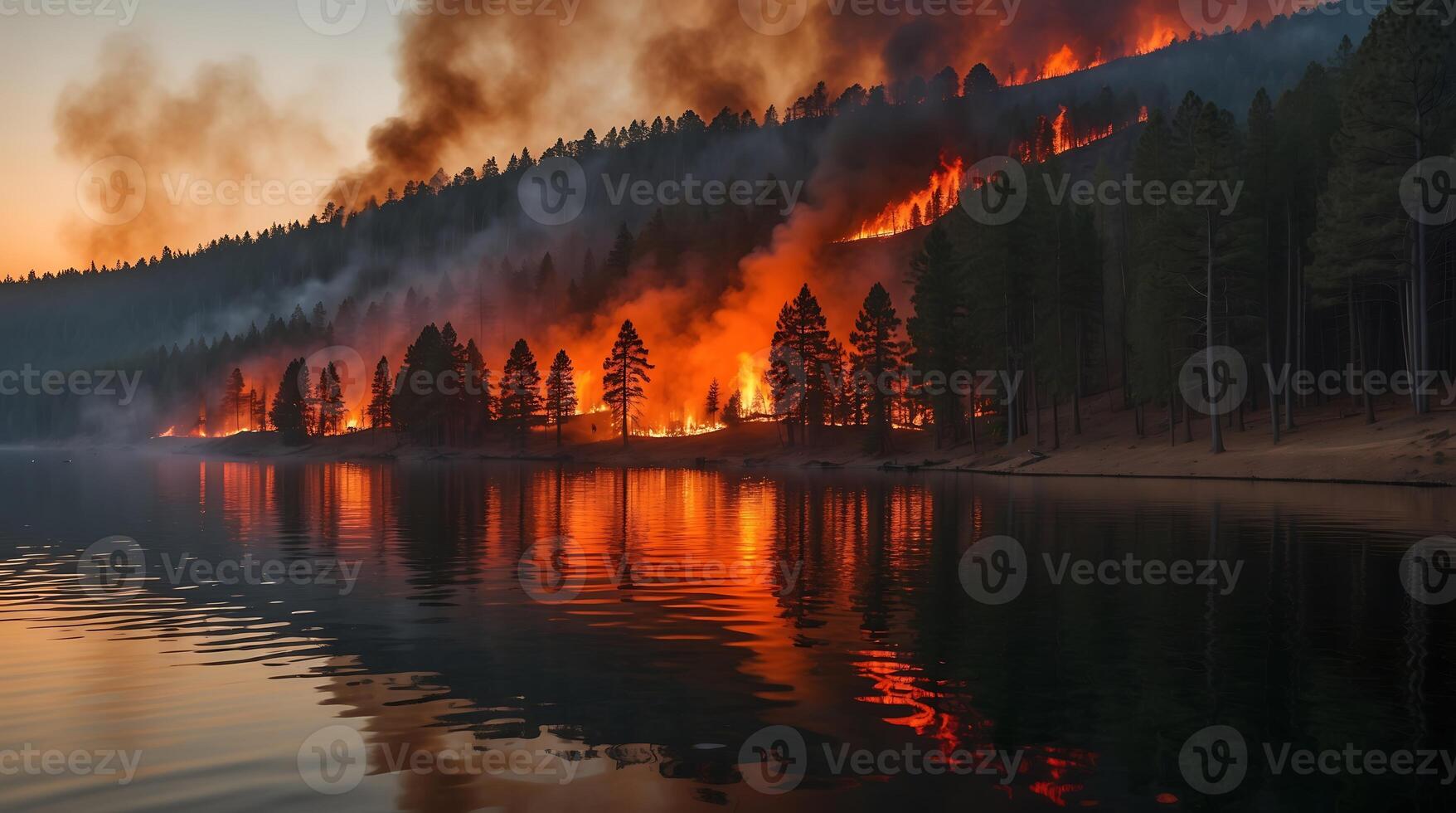 Wildfire consuming pine forest near a reflective lake at sunset photo
