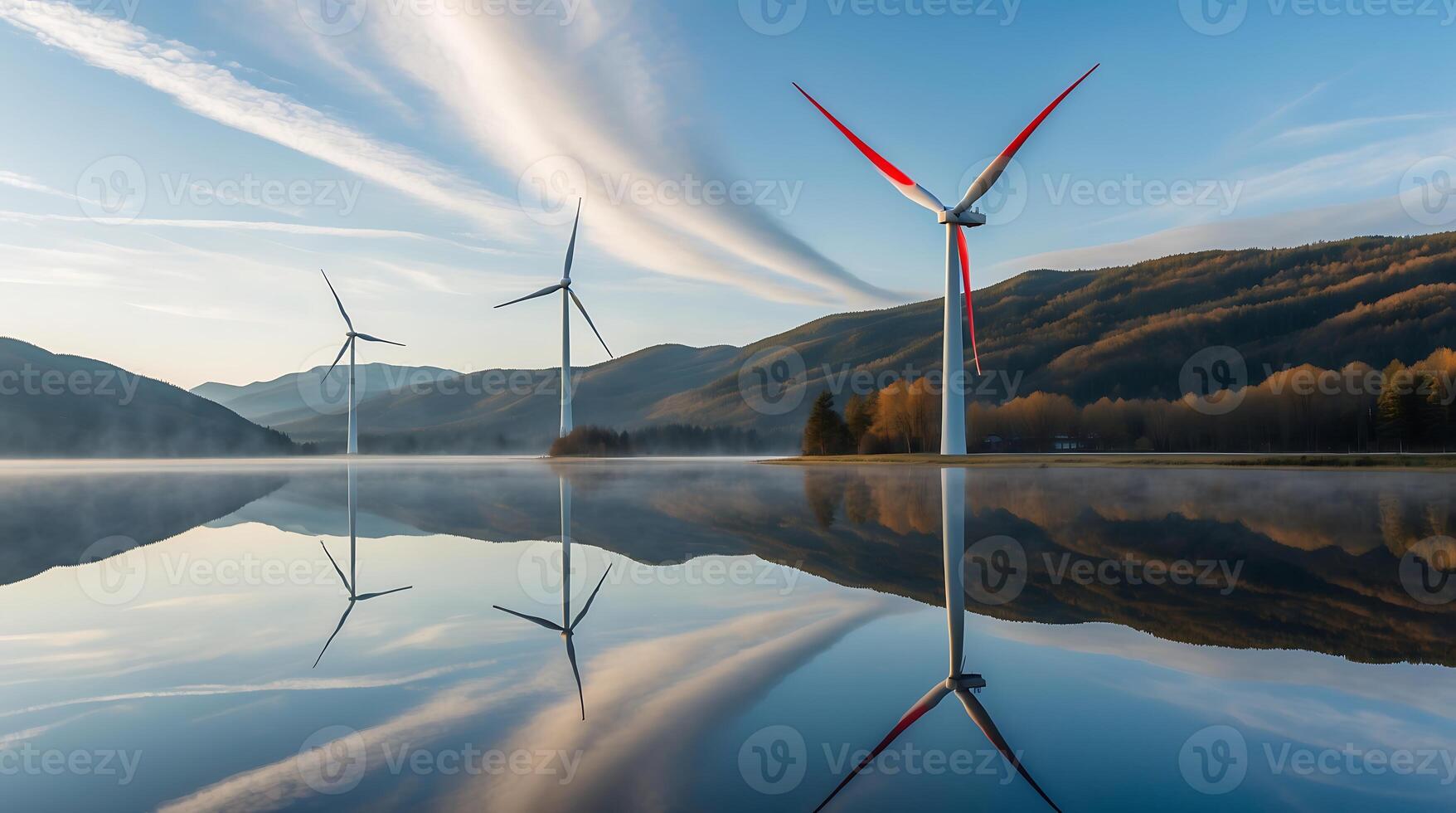 Wind turbines reflected in a calm lake at sunrise near rolling hills photo
