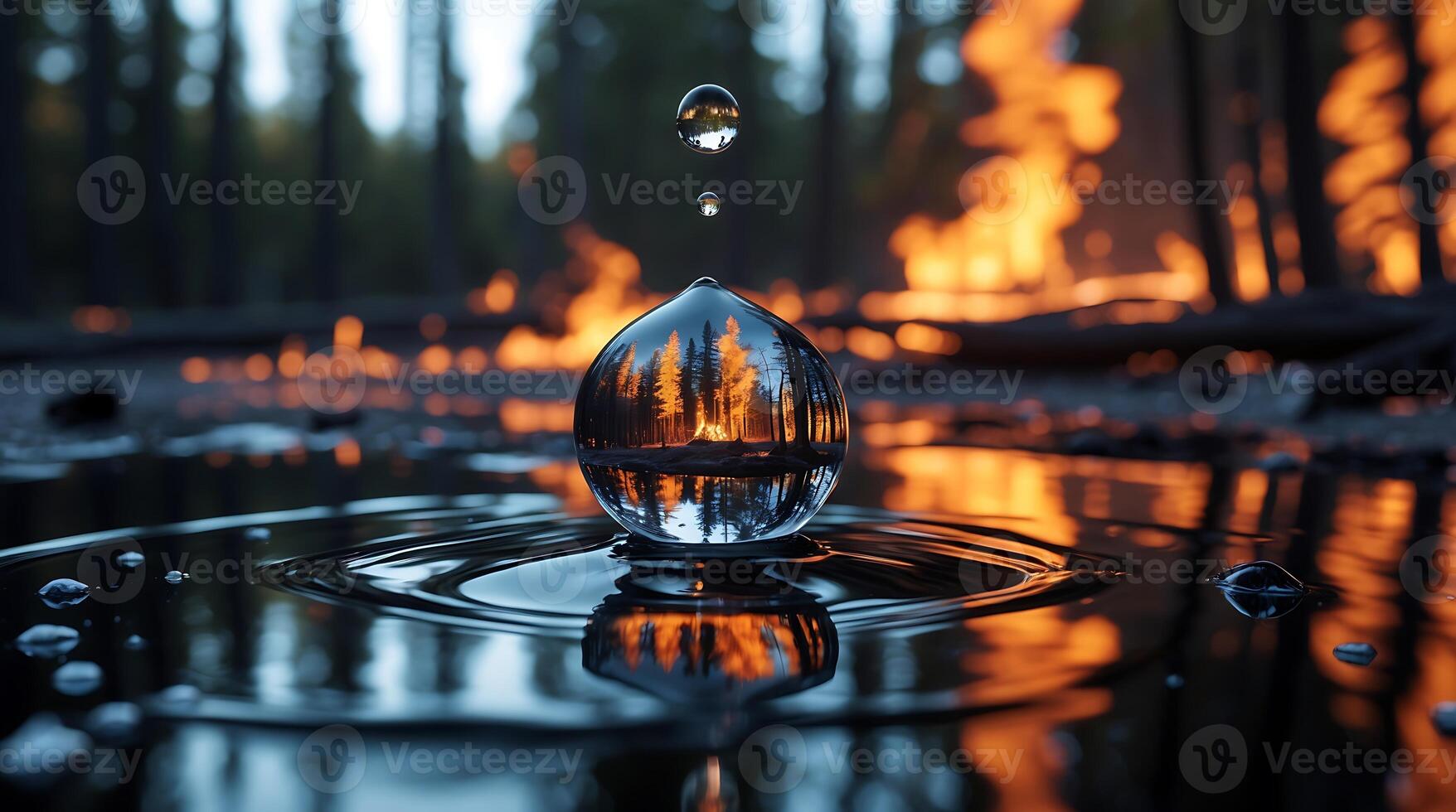 Reflection of a forest within a water droplet amidst a fire photo