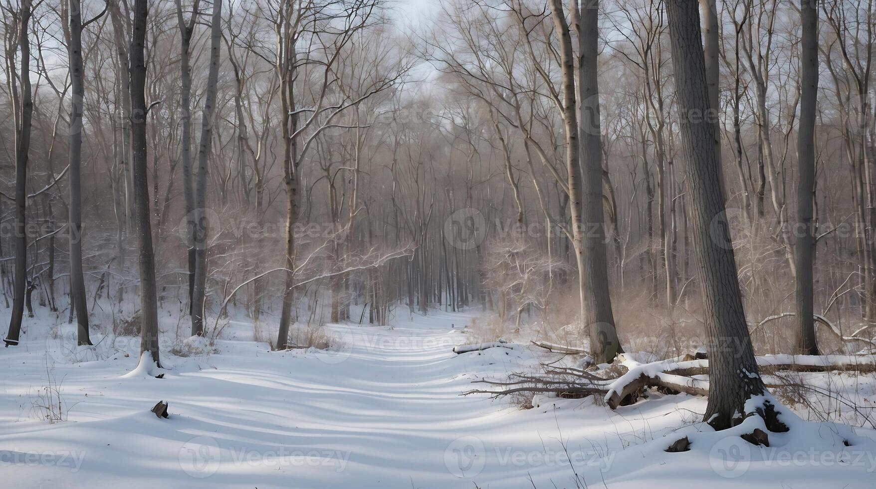 Exploring a winter forest with snow-covered paths and bare trees photo