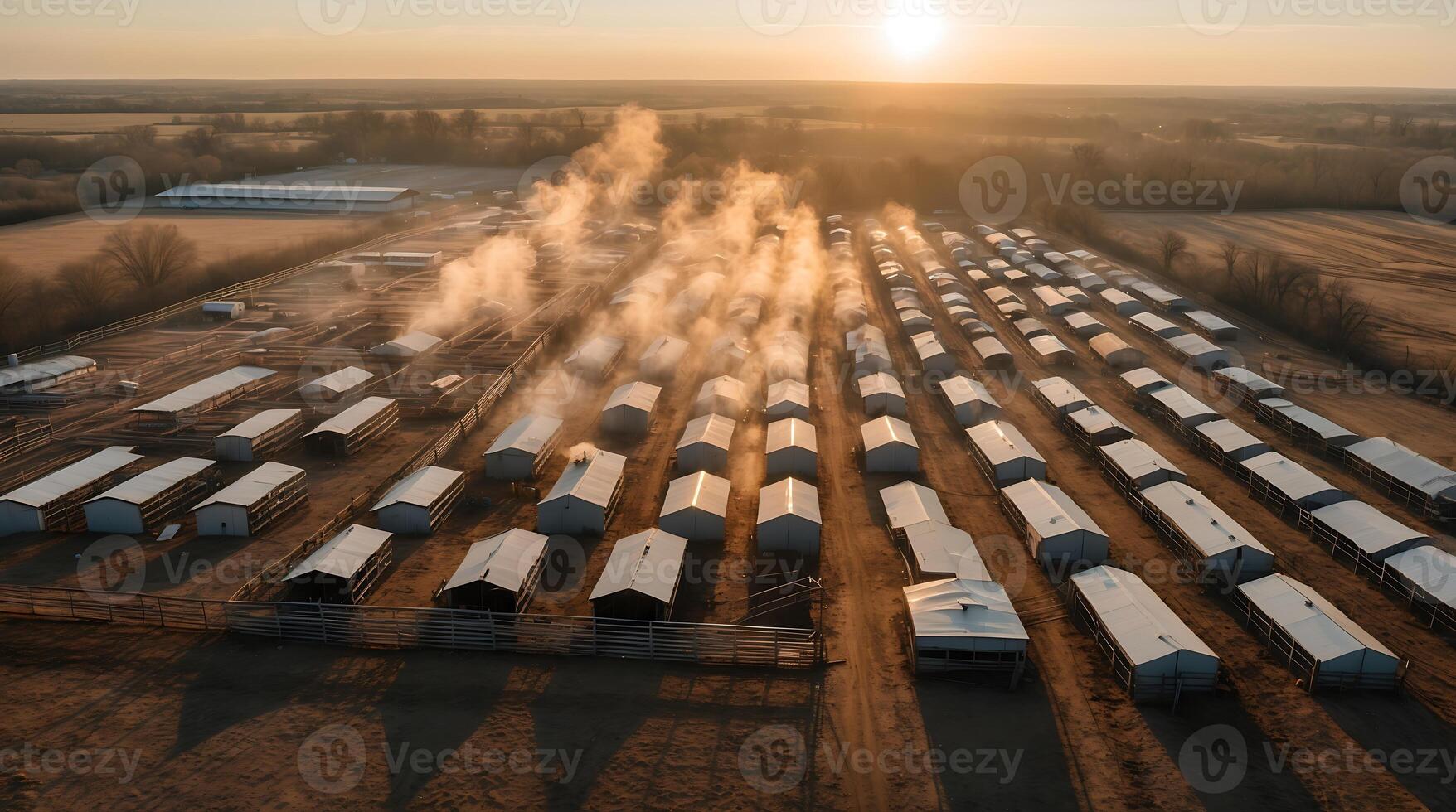Aerial view of extensive livestock farm at sunrise amidst environmental challenges photo