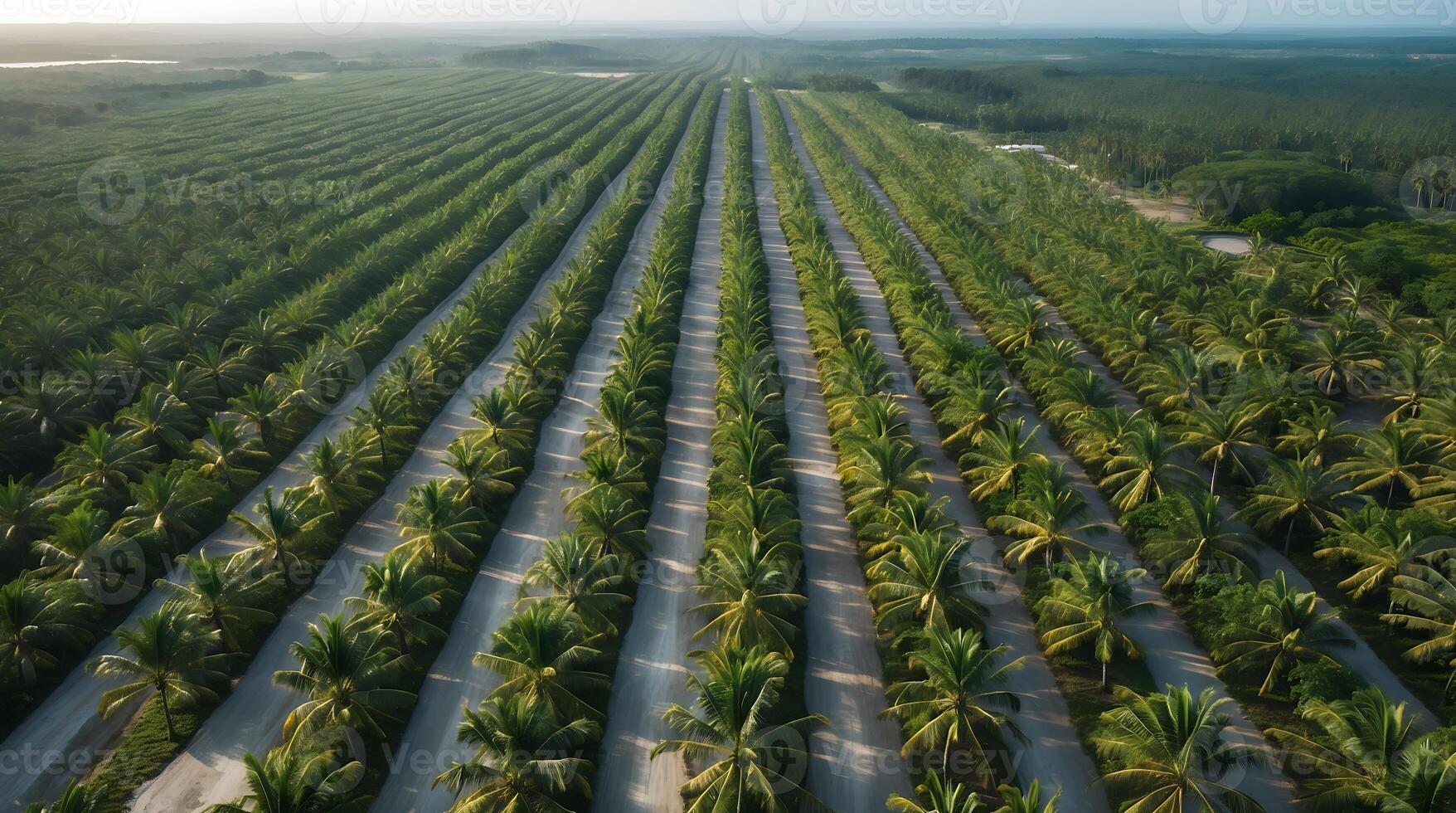 Endless rows of palm oil trees in a vast agricultural landscape during late afternoon photo