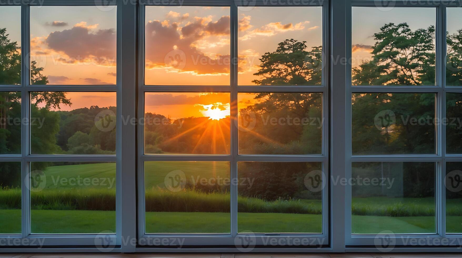 Energy-efficient windows framing a sunset view over green fields and distant trees photo