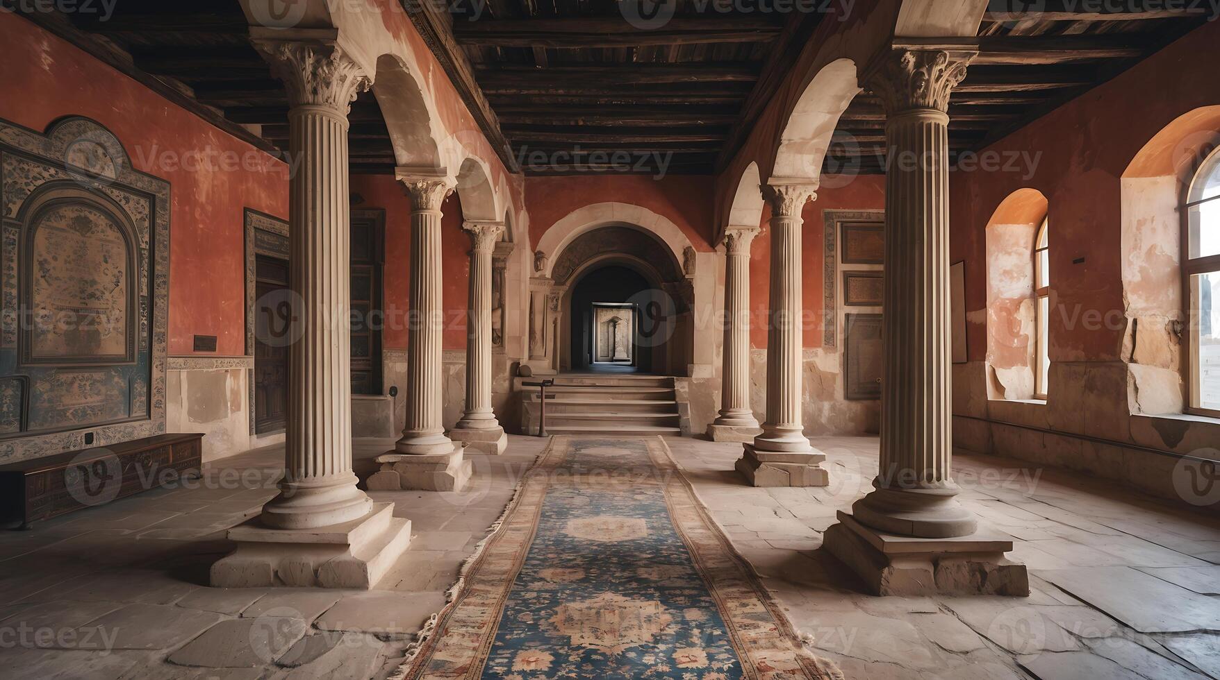 Historic architecture of a long hallway with ancient columns and rich textures photo
