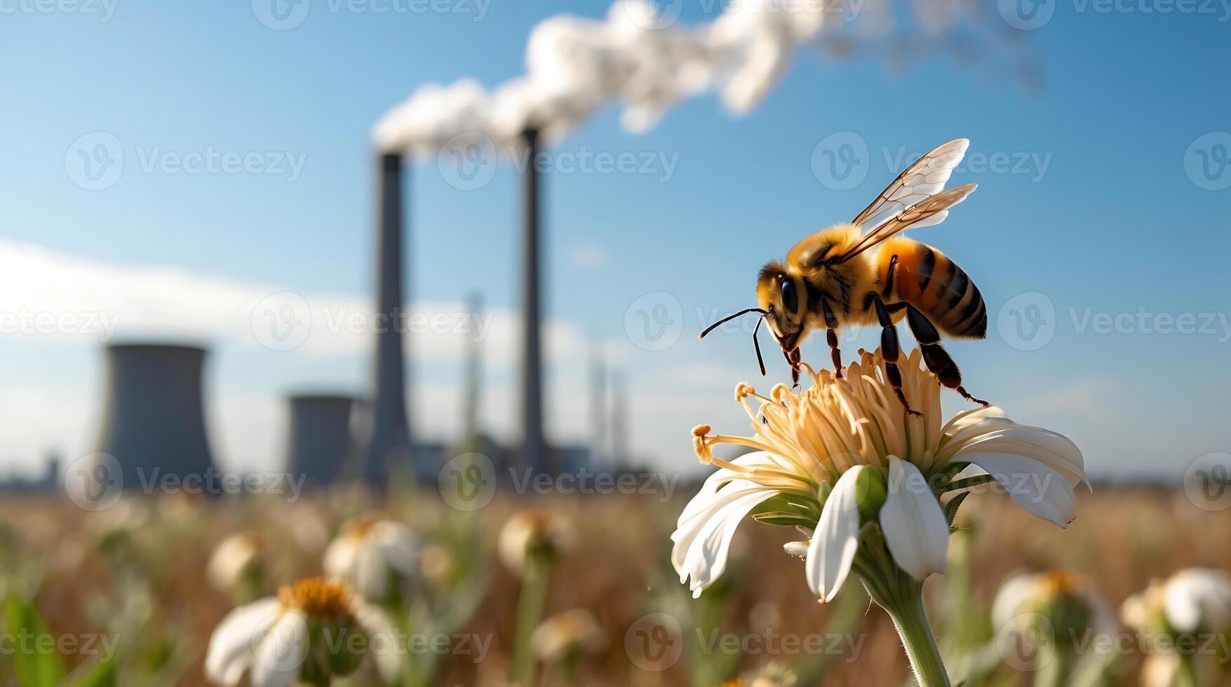 A bee rests on a wilting flower while industrial smokestacks release smoke into the air photo