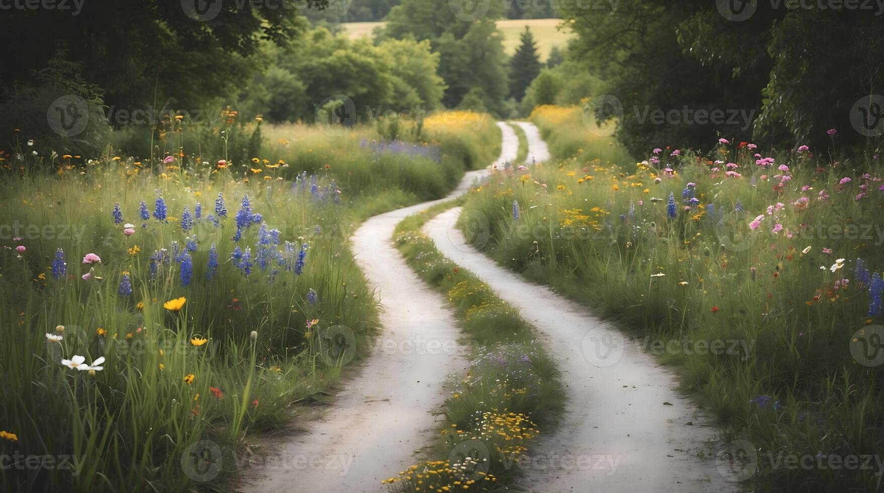 Winding bike path through a lush meadow filled with wildflowers photo