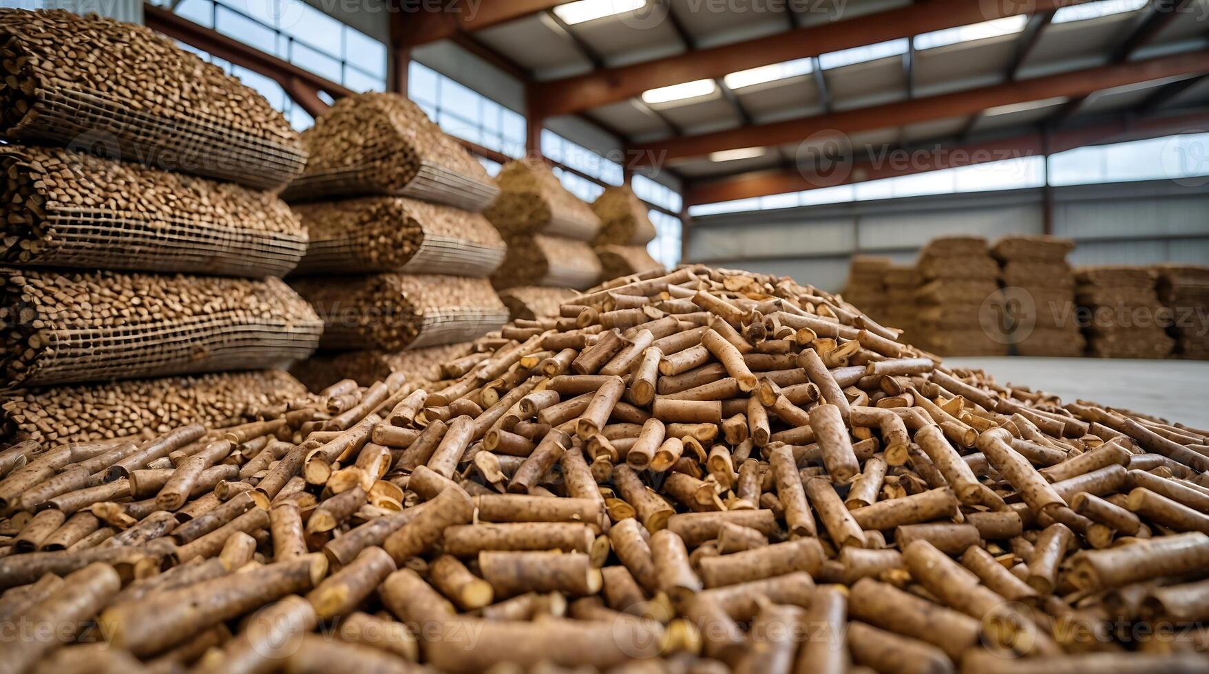 Biomass storage facility showcasing processed wood pellets for sustainable energy photo