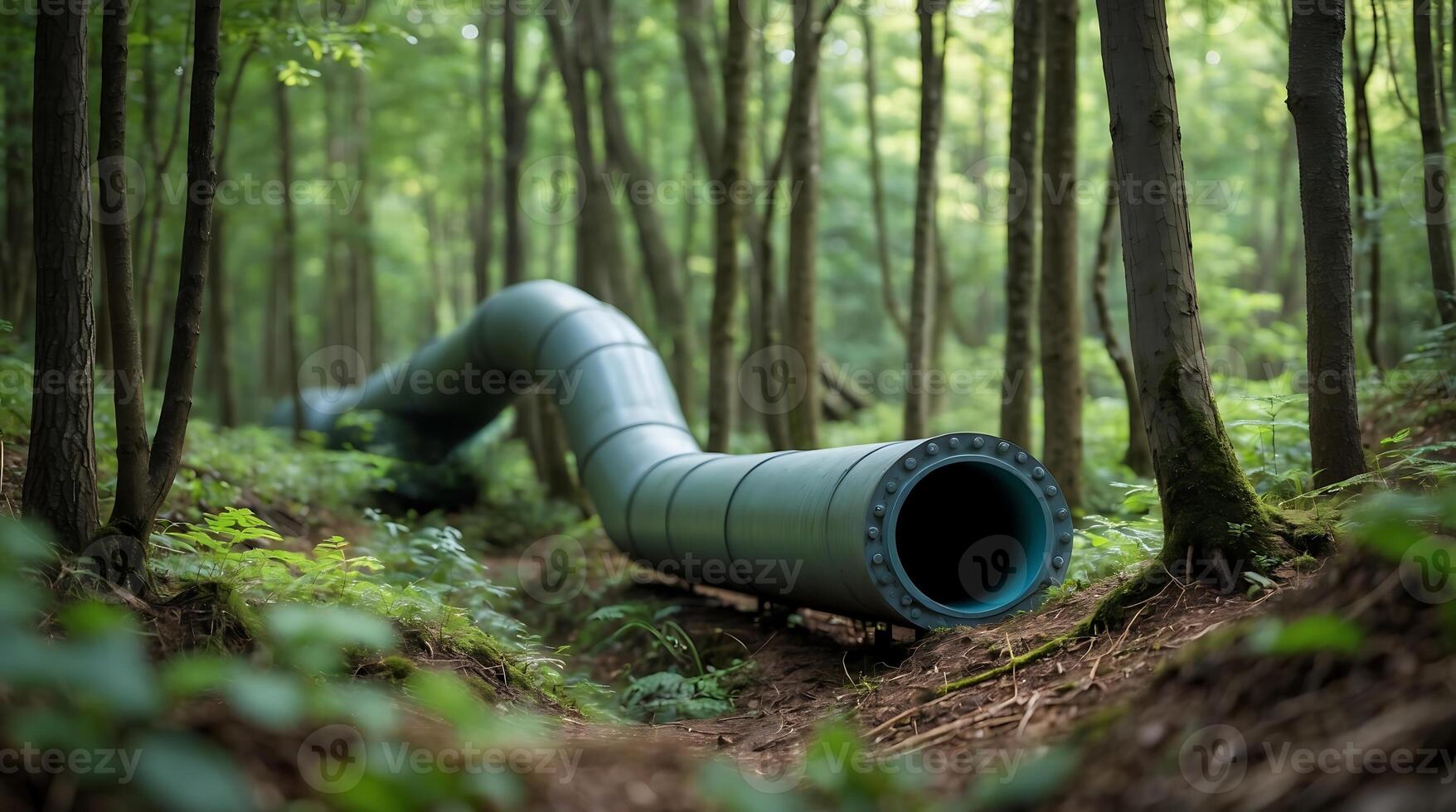 Carbon capture pipe winding through a forested area photo