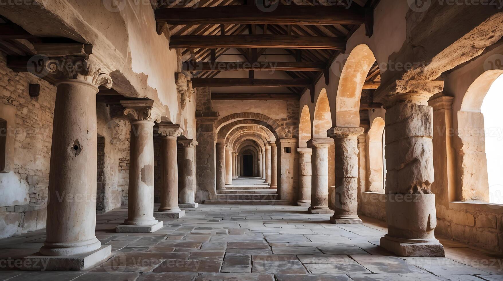 Exploring an ancient corridor with arches and columns at a historical site photo