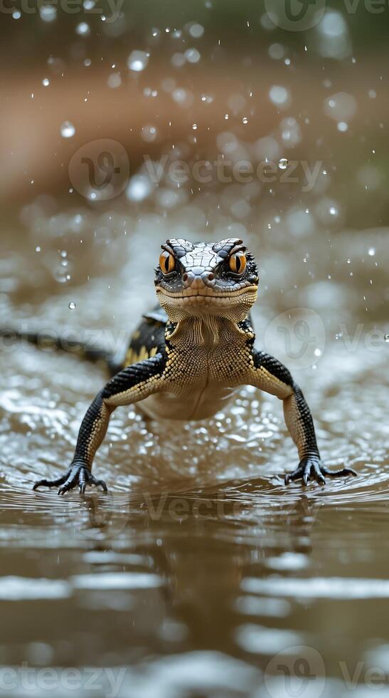 Basilisk lizard running through water droplets in a natural habitat photo