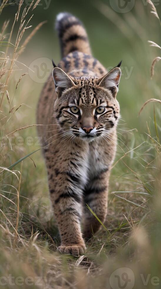 Bobcat moving stealthily through tall grass in a natural habitat during daytime photo