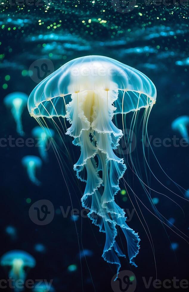 Translucent jellyfish in a dark ocean with others nearby photo