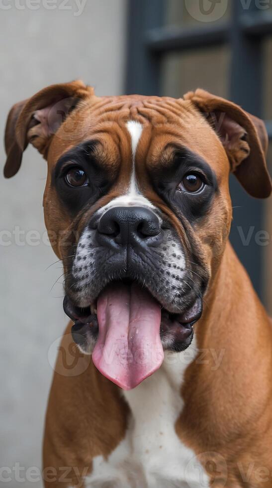 Boxer dog with a playful expression and tongue out, captured at a park photo