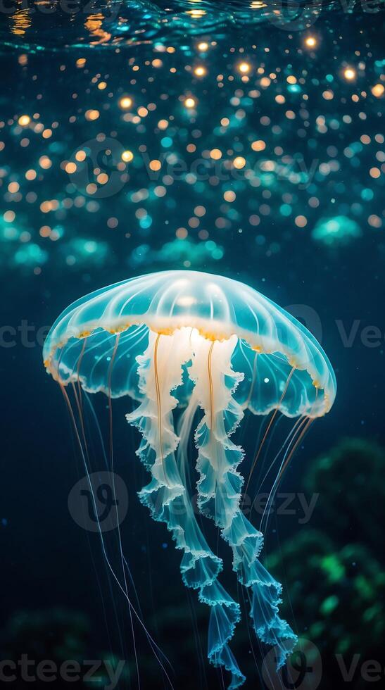 Captivating jellyfish gliding gracefully through deep waters with sparkling lights photo