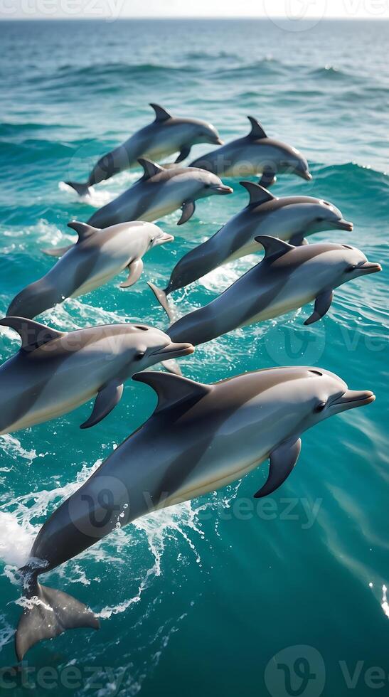 Dolphins gracefully leaping through ocean waves in clear blue waters during the day photo