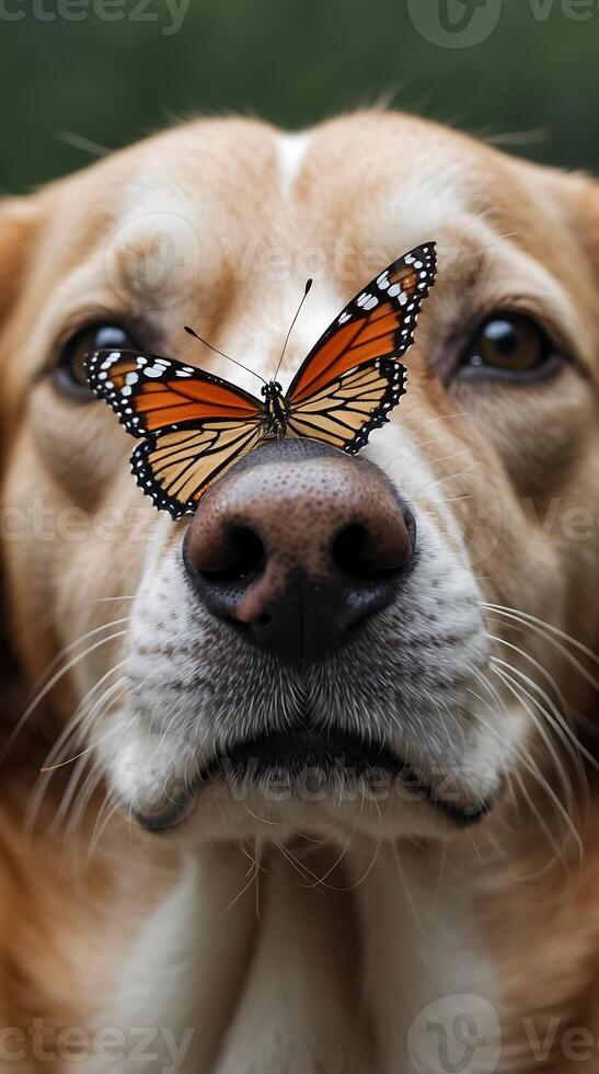Butterfly rests gently on the nose of a golden retriever in a natural setting outdoors photo