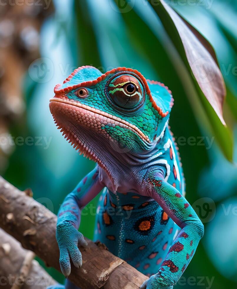 Chameleon perched on a branch showcasing its unique color transformation in nature photo
