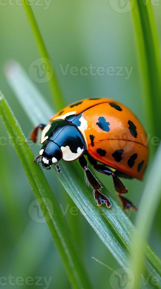 Closeup of a ladybug crawling on a green leaf in a natural setting during daylight photo