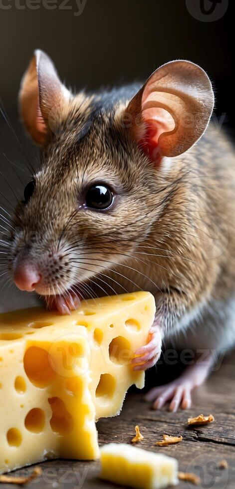Closeup of a mouse enjoying a piece of cheese in a natural setting photo