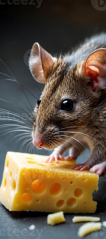 Closeup of a mouse enjoying a piece of cheese in a cozy indoor setting photo