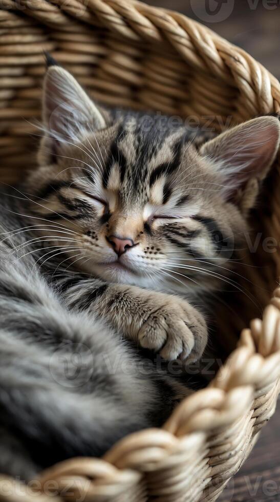 Closeup of a sleeping kitten curled up in a cozy basket on a soft surface photo