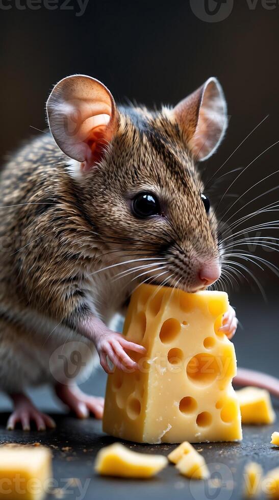 Closeup of a mouse enjoying a piece of cheese in a dimly lit kitchen setting photo