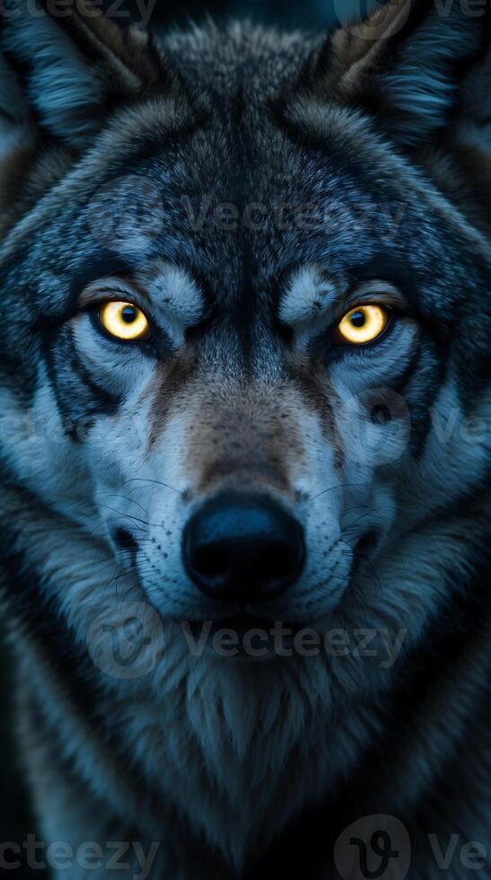 Closeup of a wolf's glowing eyes showcasing its fierce expression at dusk photo