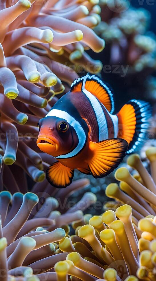 Clownfish swimming through colorful coral reefs in a vibrant underwater habitat photo