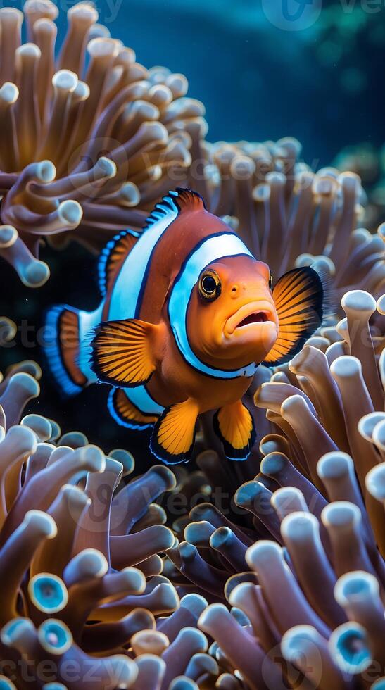 Clownfish swimming through coral reef habitat with colorful anemones during daylight hours photo