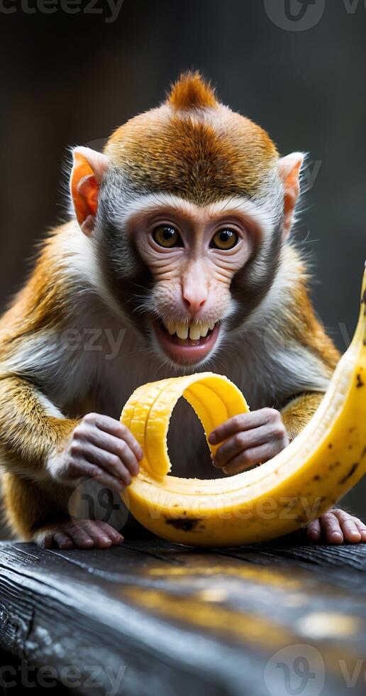 Monkey joyfully enjoying a banana in a forest setting during daylight photo
