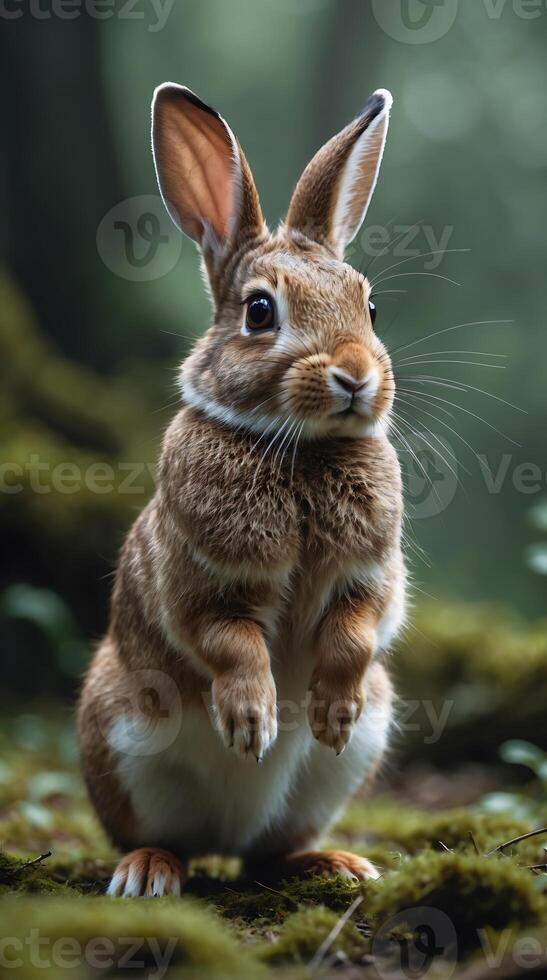 Curious rabbit stands upright in a lush green forest setting photo