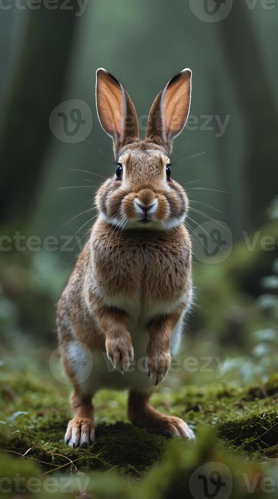 Rabbit stands alert in a lush forest during the calm morning hours photo