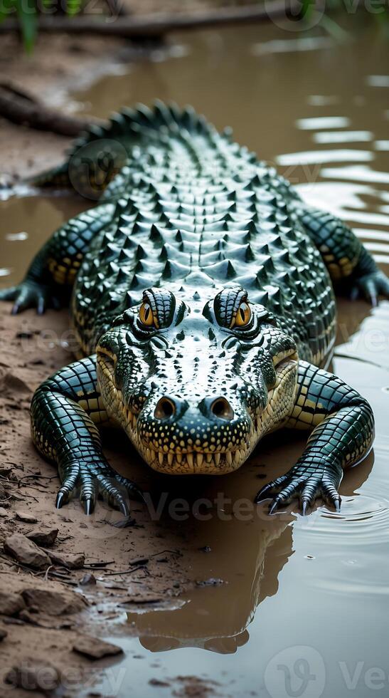 Crocodile resting by the riverbank on a calm day photo