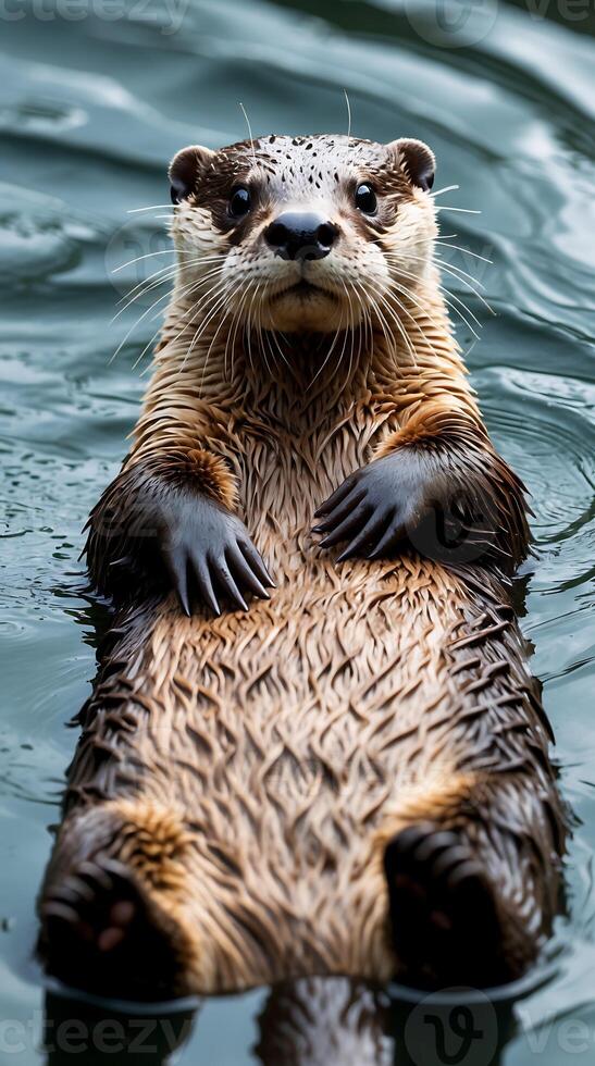 Curious otter floating contentedly in calm waters during a sunny afternoon photo